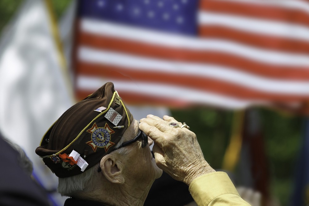 Senior veteran saluting American flag
